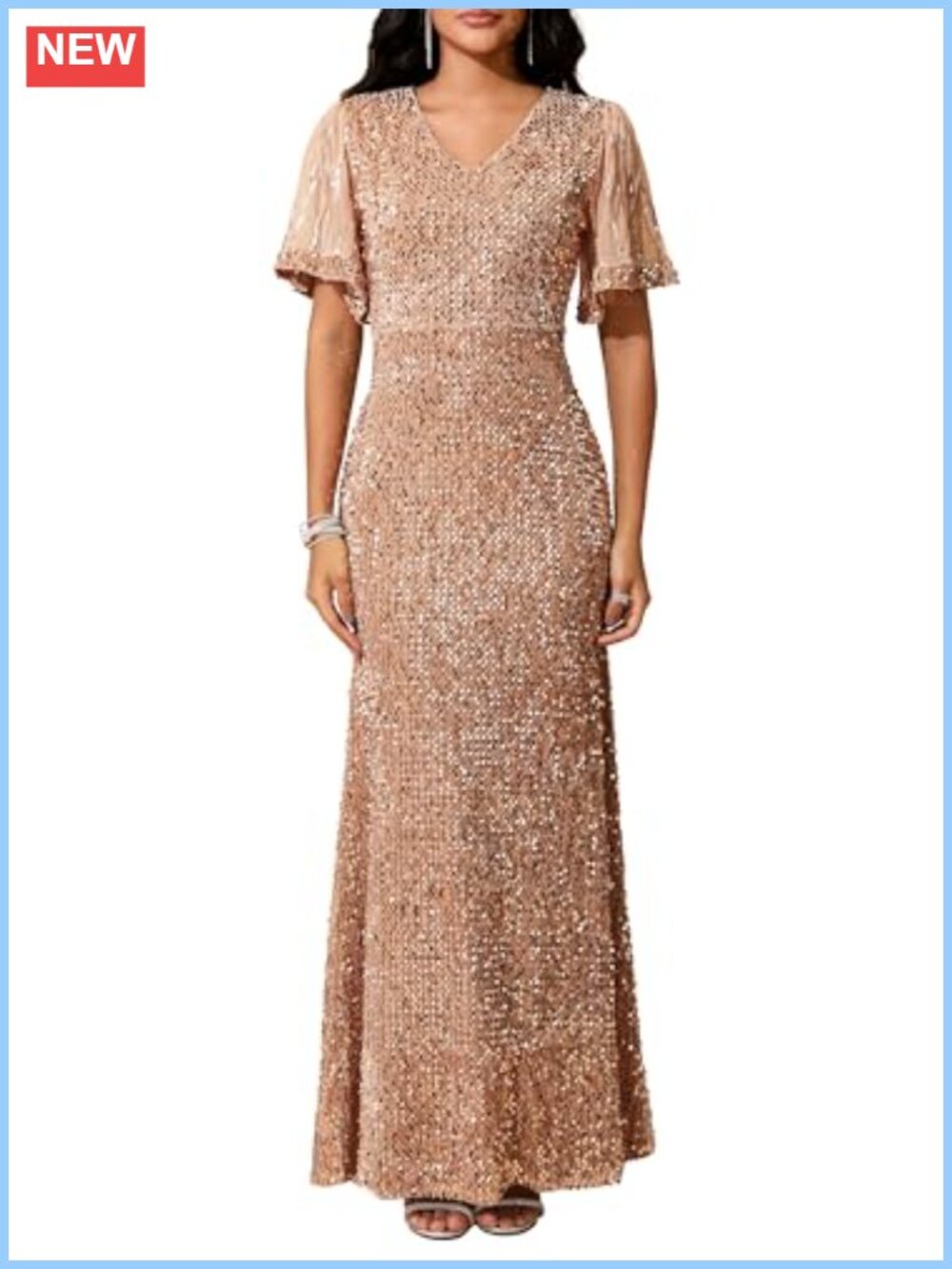 V-Neck Sequin Mermaid Maxi Formal Evening Party Gown Dress